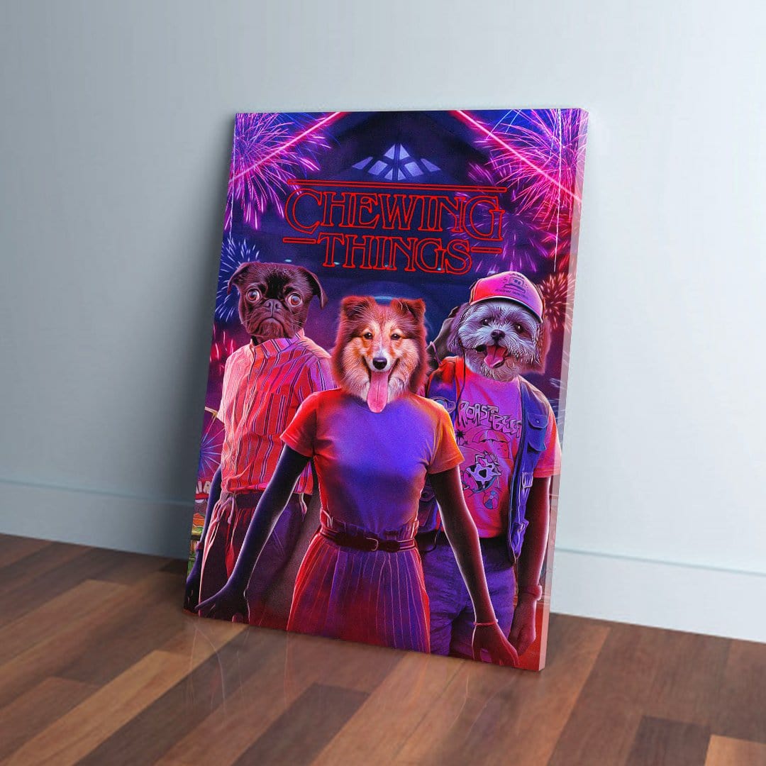 Personalized 3-pet canvas featuring a pug, sheltie, and shih tzu in a vibrant "Chewing Things" design.