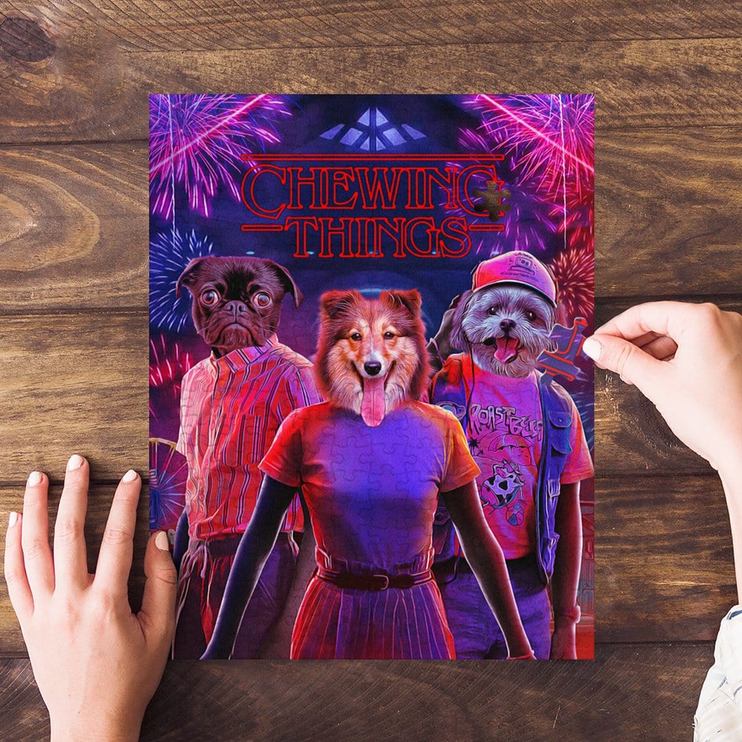 Personalized 3 pet puzzle with dogs in "Chewing Things" cartoon style, featuring fireworks background.