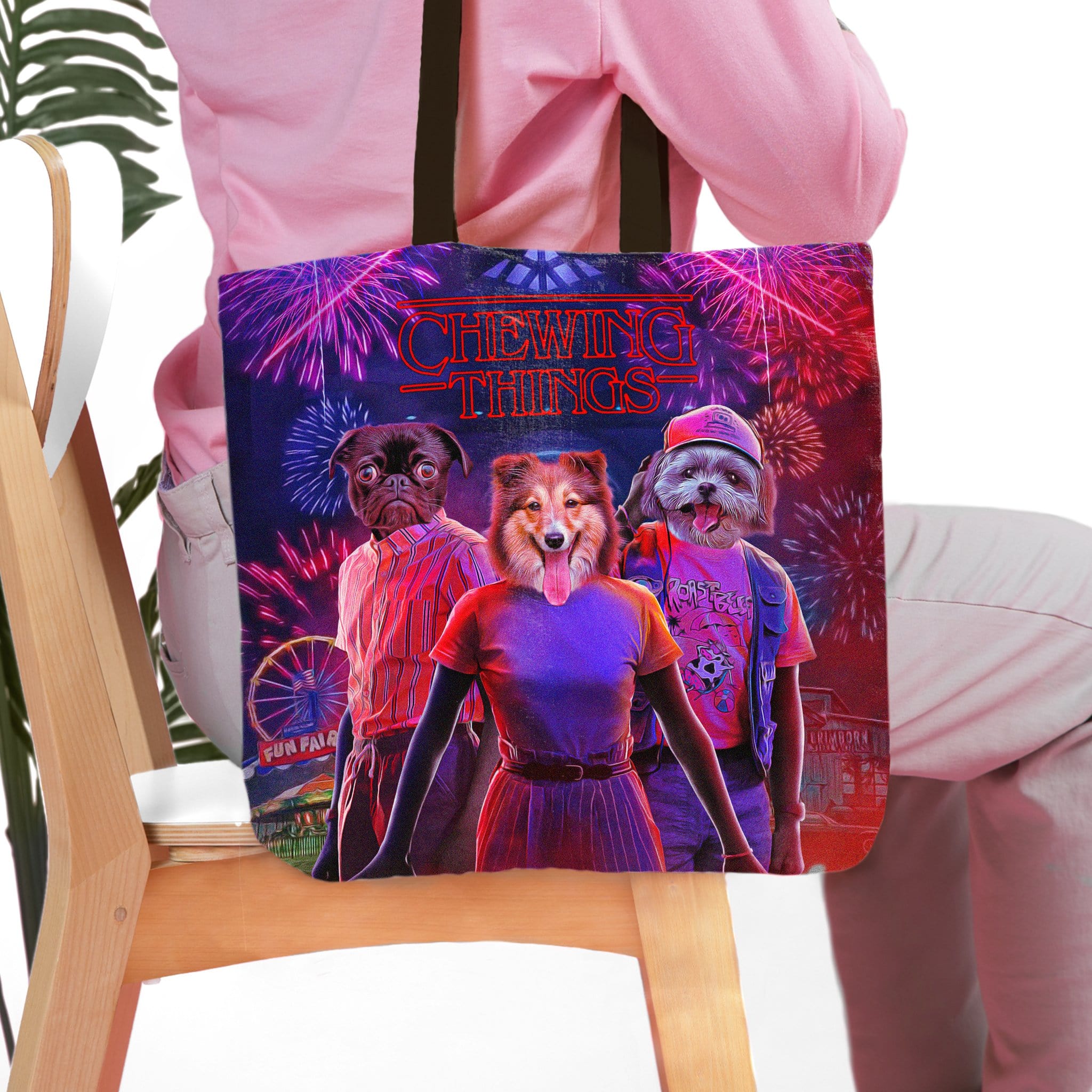 Personalized 3 pet tote bag with dogs in "Chewing Things" style, featuring fireworks and a funfair.