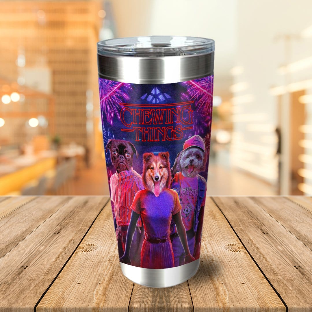 Personalized 3-pet stainless steel tumbler with "Chewing Things" design featuring dogs in a pop culture style.