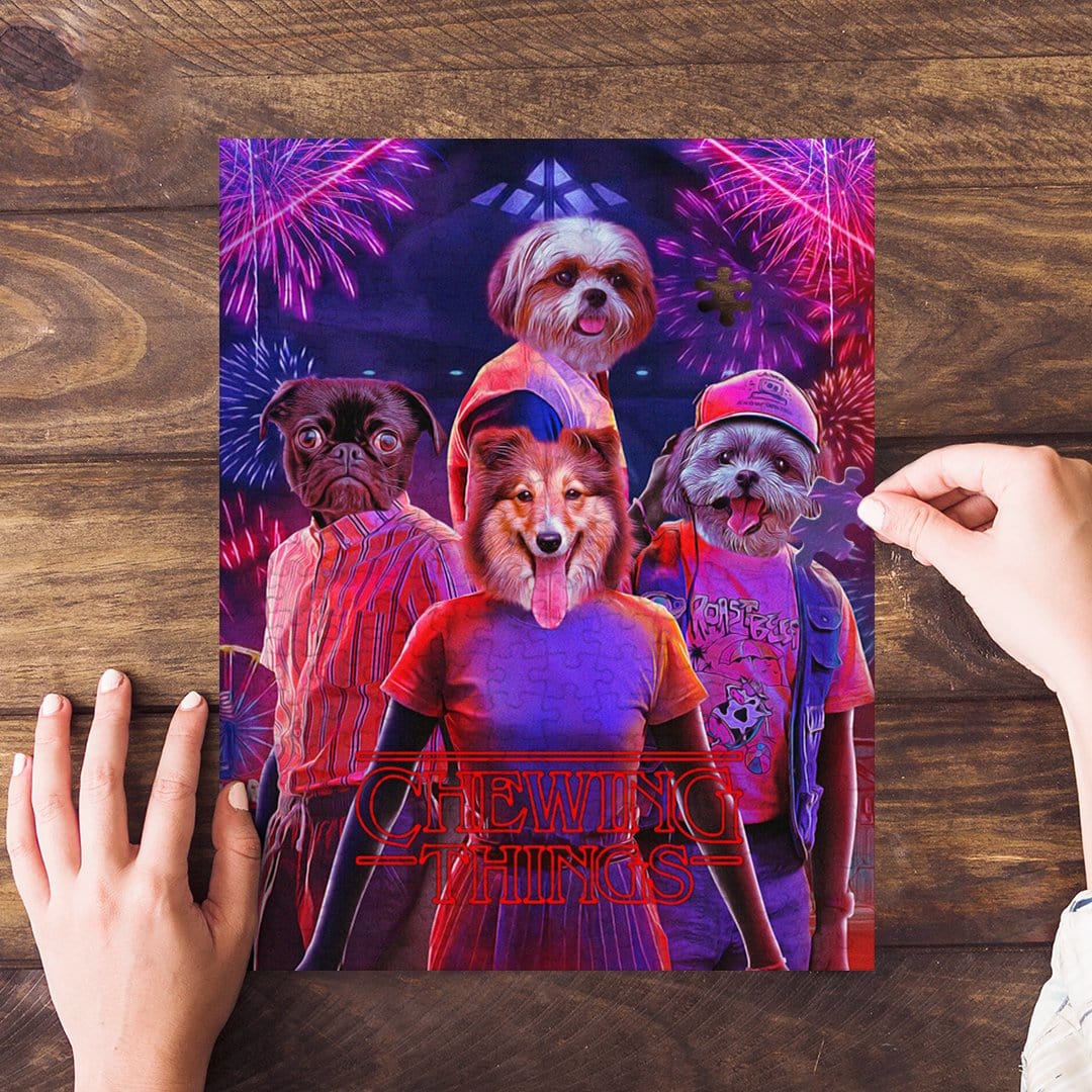 Personalized "Chewing Things" puzzle featuring four custom pet portraits in a vibrant, retro style.