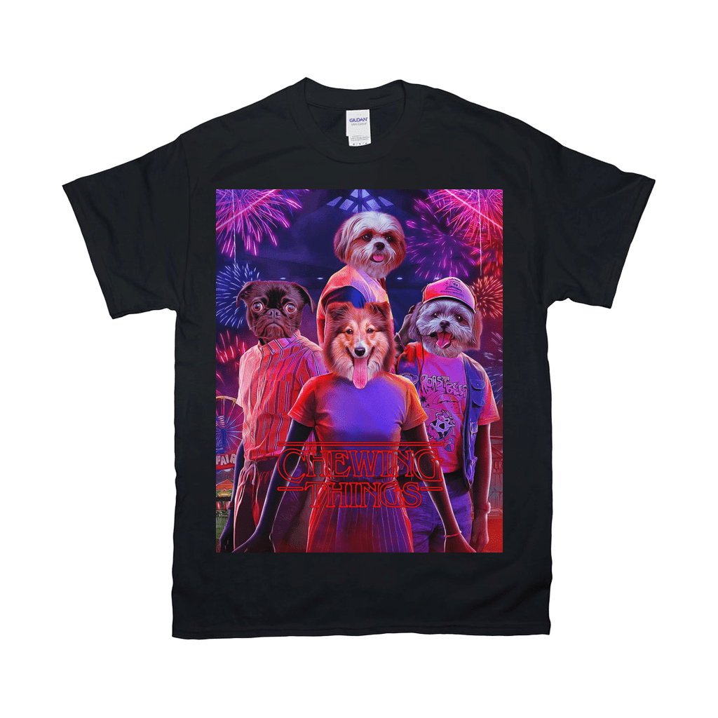 Black Gildan t-shirt with a vibrant graphic of four personalized pets in a Stranger Things parody design.