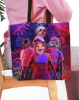 Personalized 4 pet tote bag with dogs in "Chewing Things" cartoon style, fireworks background.