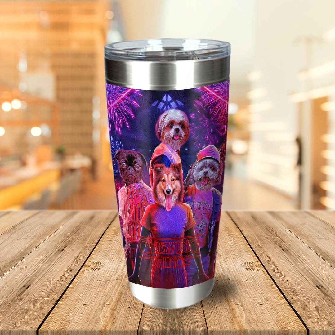 Personalized stainless steel tumbler with custom cartoon portraits of four pets in a "Chewing Things" theme.