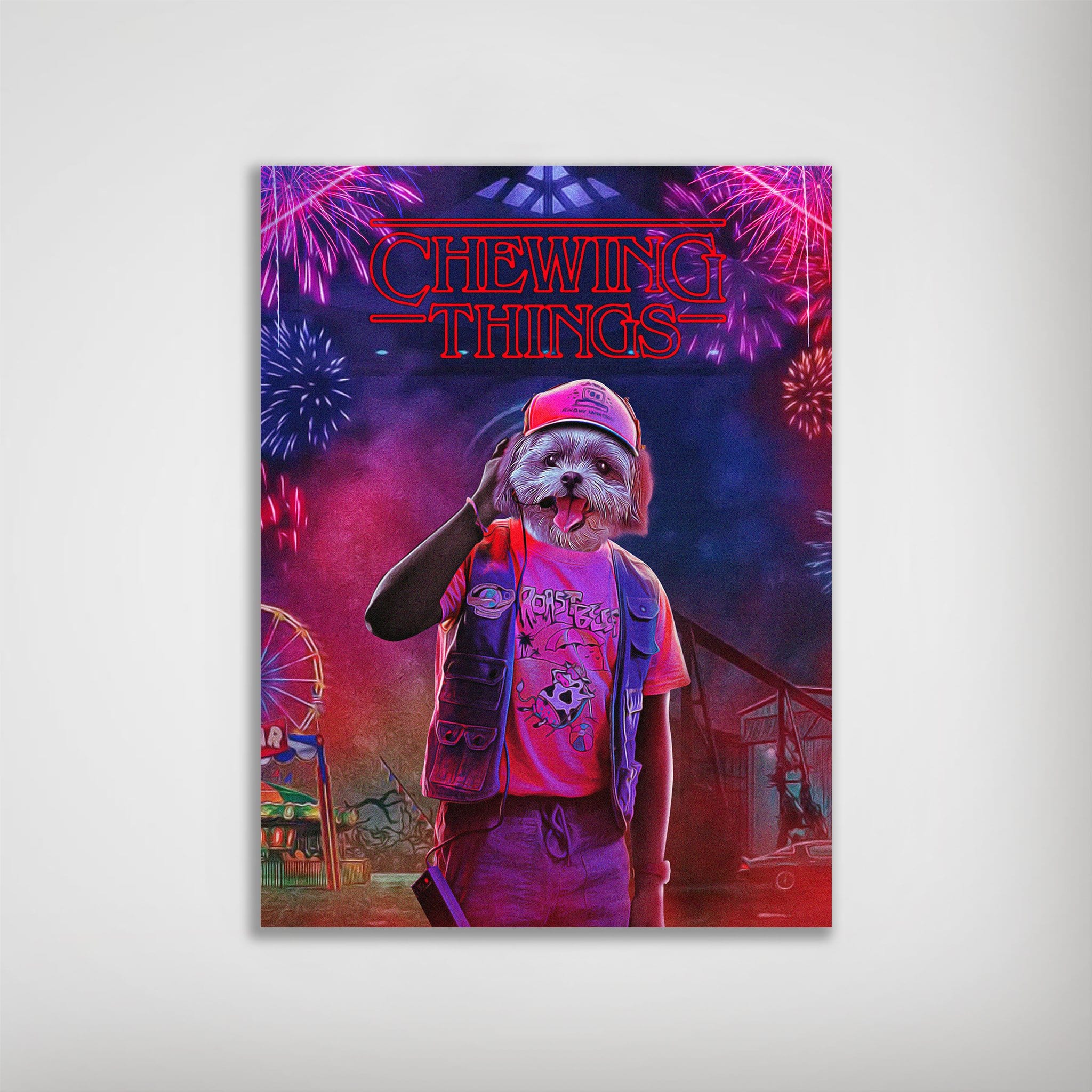 Personalized "Chewing Things" dog poster featuring a pet in a pink hat and vest with fireworks.