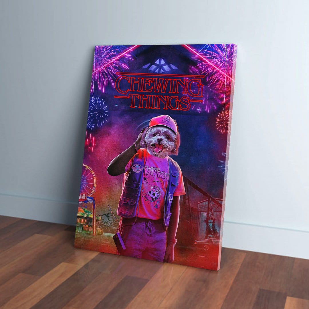 Personalized pet canvas featuring a dog's head on a person's body with "Chewing Things" neon sign and fireworks.