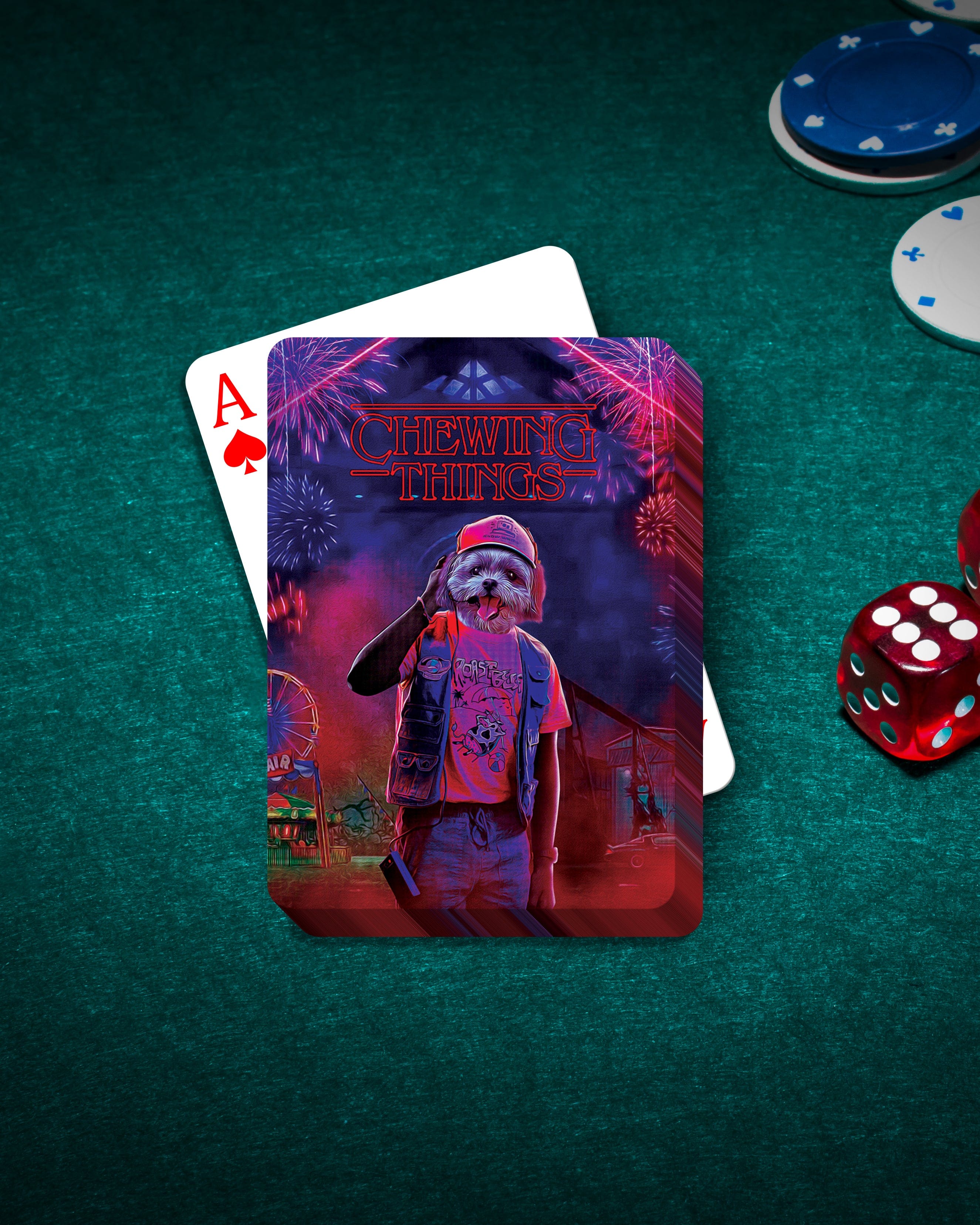 Personalized pet playing card featuring a dog in a "Chewing Things" cartoon style, on a green felt table.