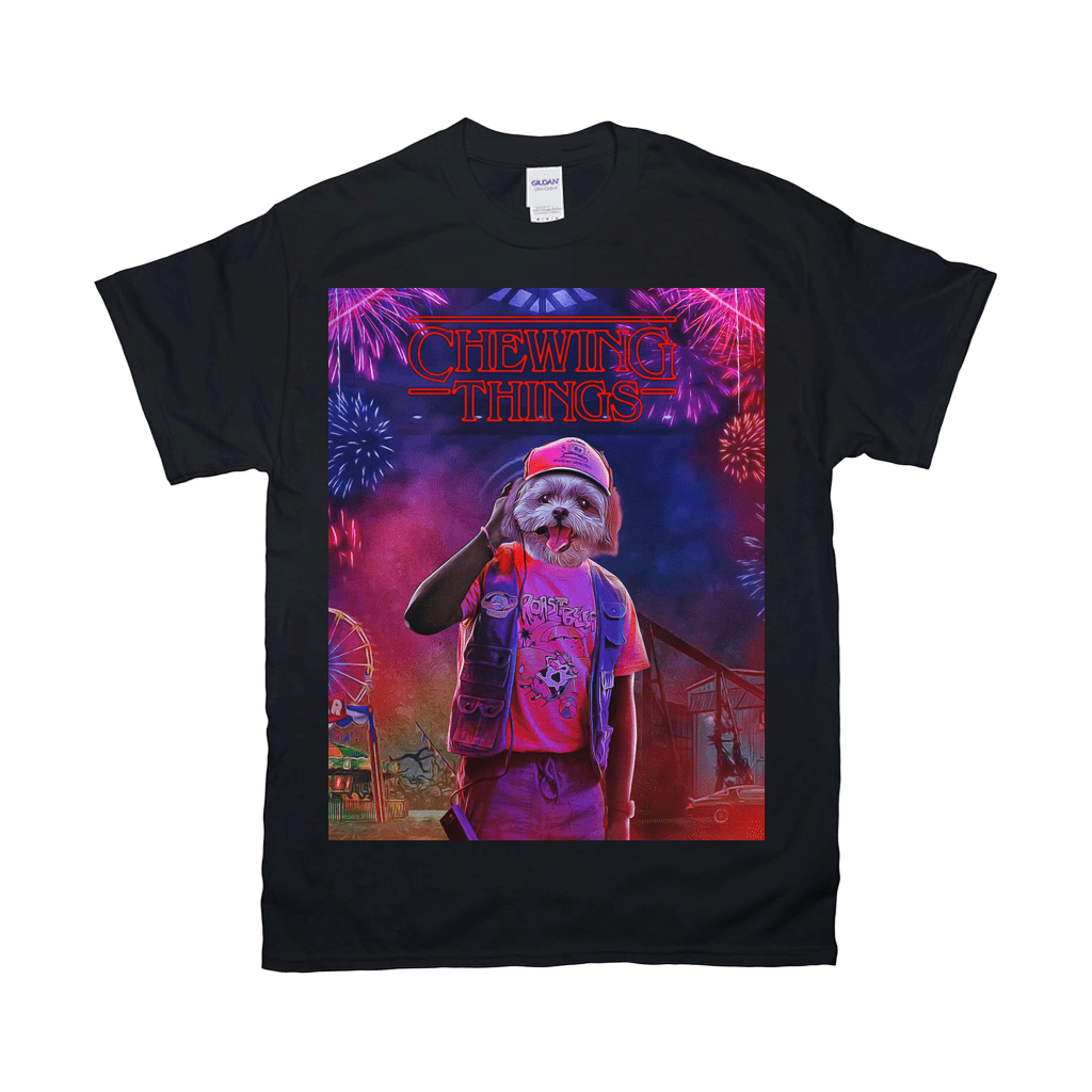 Black Gildan t-shirt featuring a personalized pet portrait of a dog in a pink shirt and hat, with fireworks.