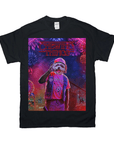 Black Gildan t-shirt featuring a personalized pet portrait of a dog in a pink shirt and hat, with fireworks.