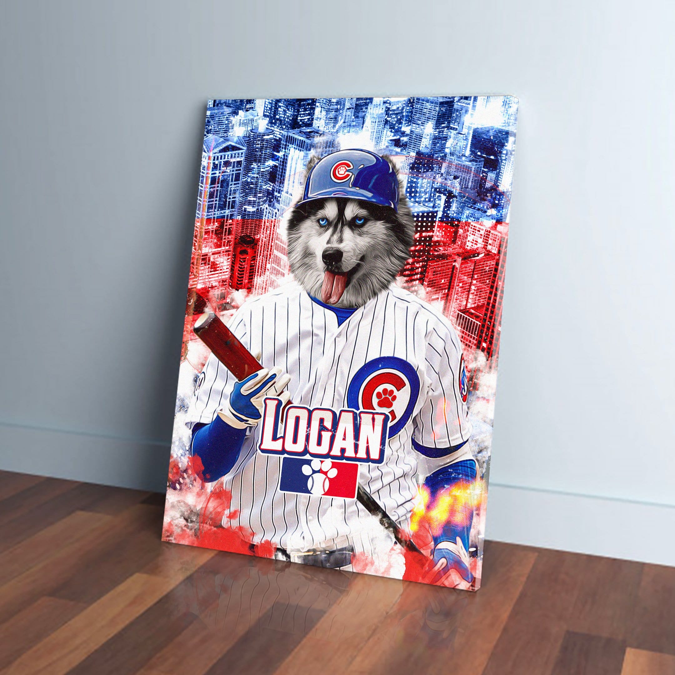 Personalized pet canvas featuring a husky in a Chicago Cubs baseball uniform with a city skyline background.