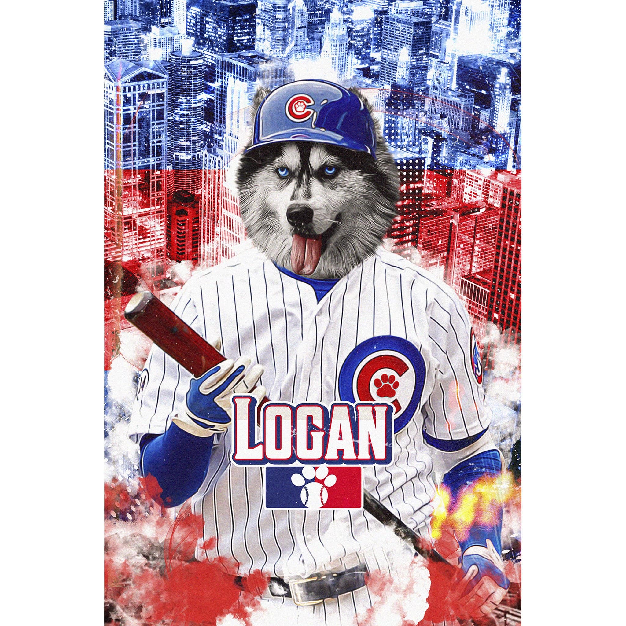 Custom digital portrait of a husky dog in a Chicago Cubs baseball uniform with city skyline.