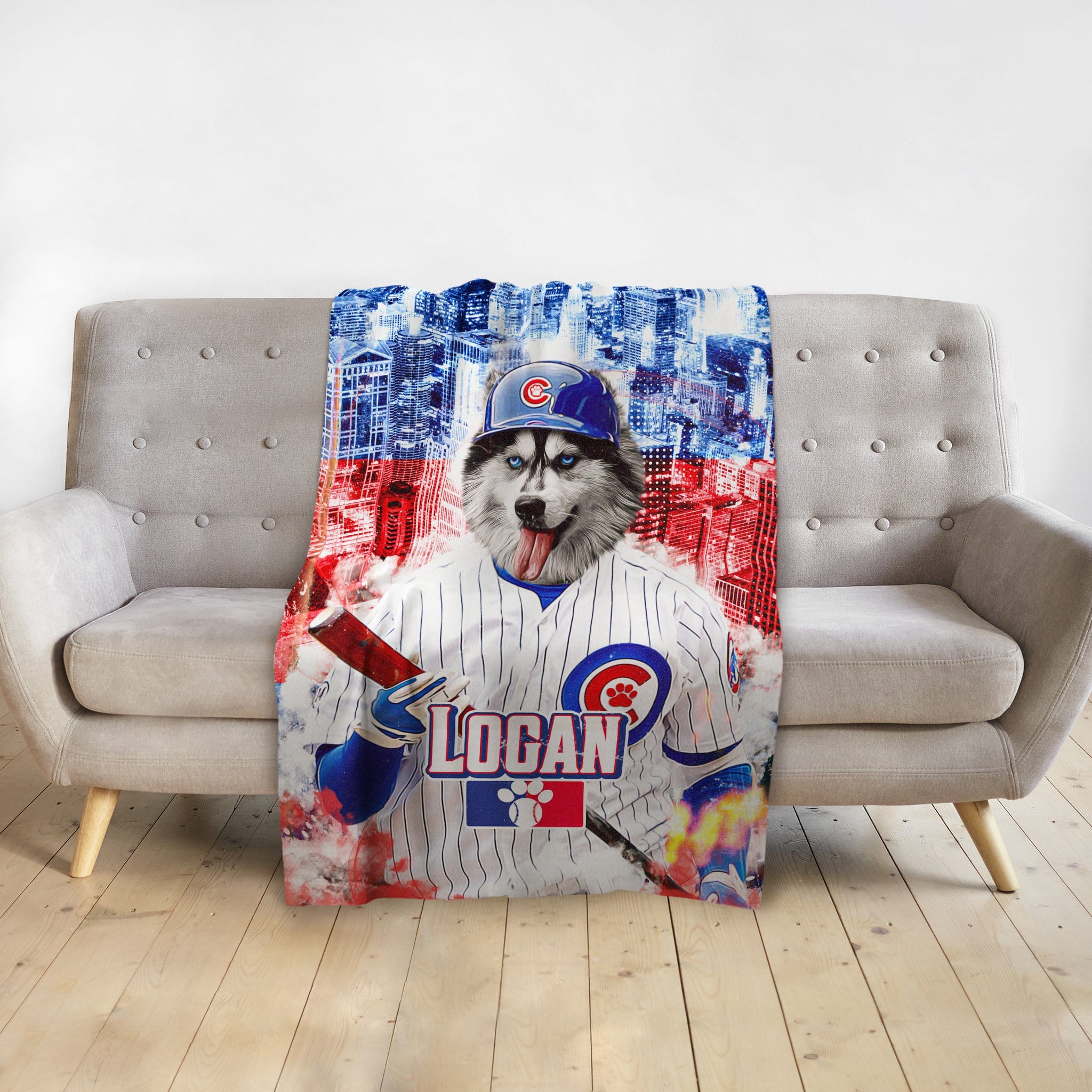 Personalized pet blanket with a husky in a Chicago Cubs baseball uniform.