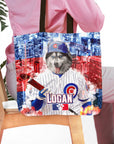 Personalized Chicago Cubdogs tote bag with a husky pet portrait in a baseball uniform.