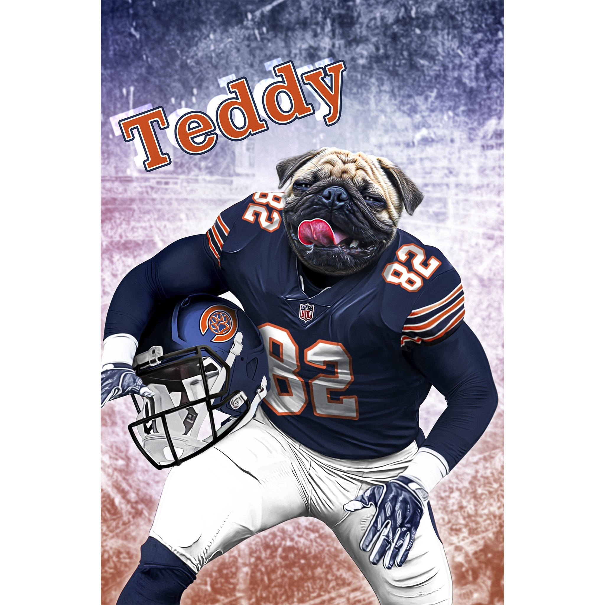 Custom digital portrait of a pug dog in a Chicago Bears football uniform, holding a helmet.