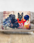 Personalized minky blanket with two dogs in Chicago Bears and Broncos football uniforms.