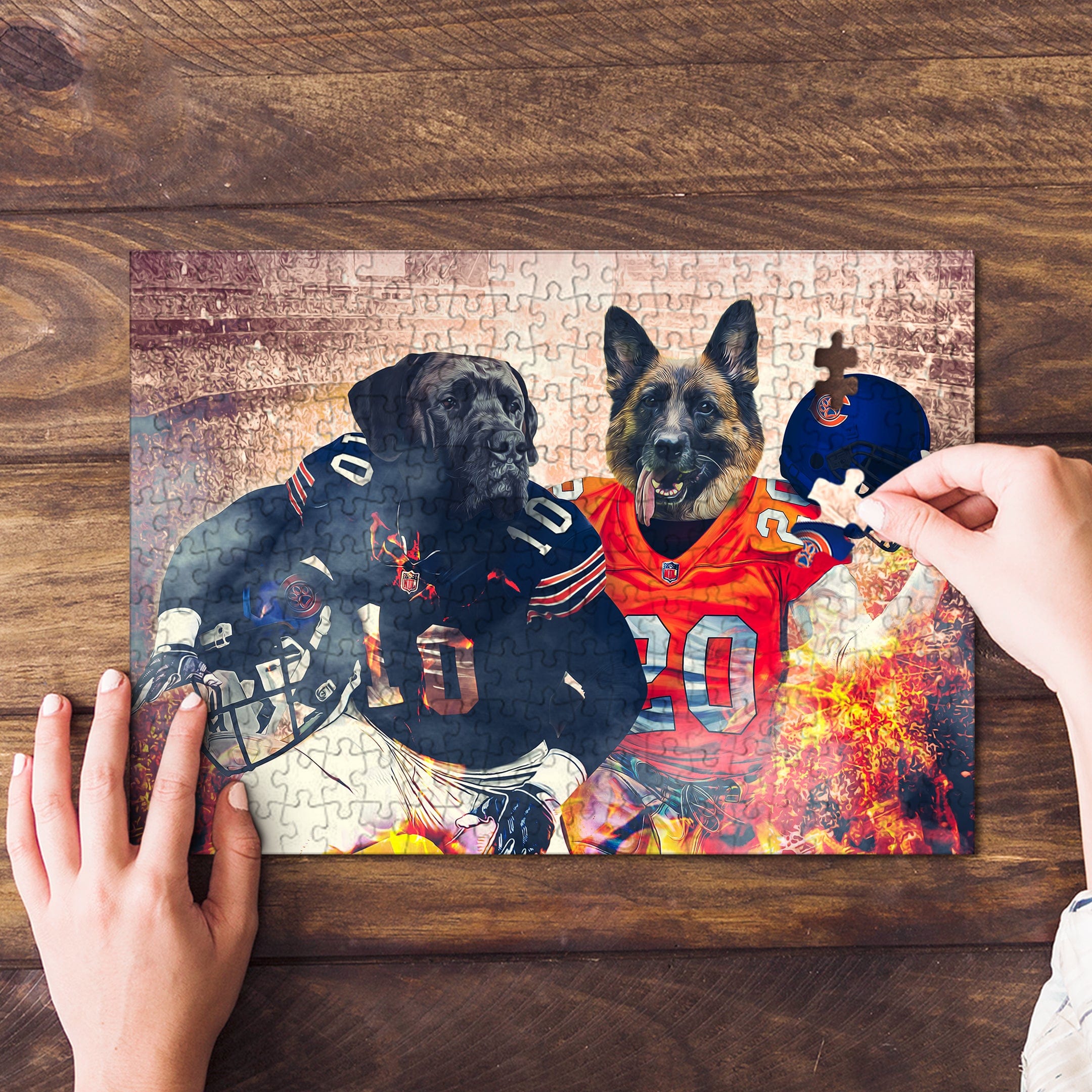 Personalized 2 pet puzzle featuring a black lab and German shepherd in football jerseys.