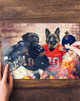 Personalized 2 pet puzzle featuring a black lab and German shepherd in football jerseys.