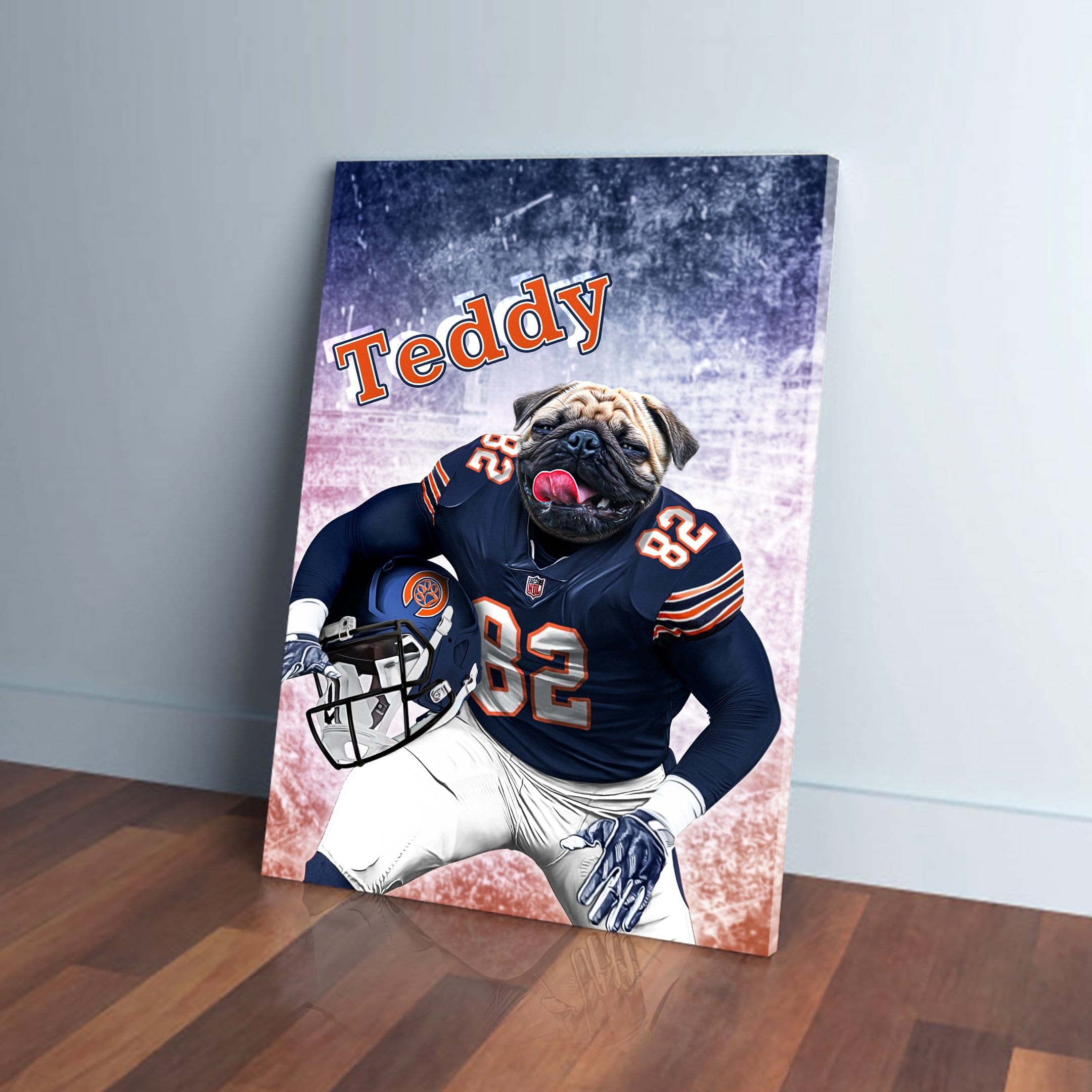Personalized 'Chicago Doggos' canvas featuring a pug in a navy football uniform, holding a helmet.
