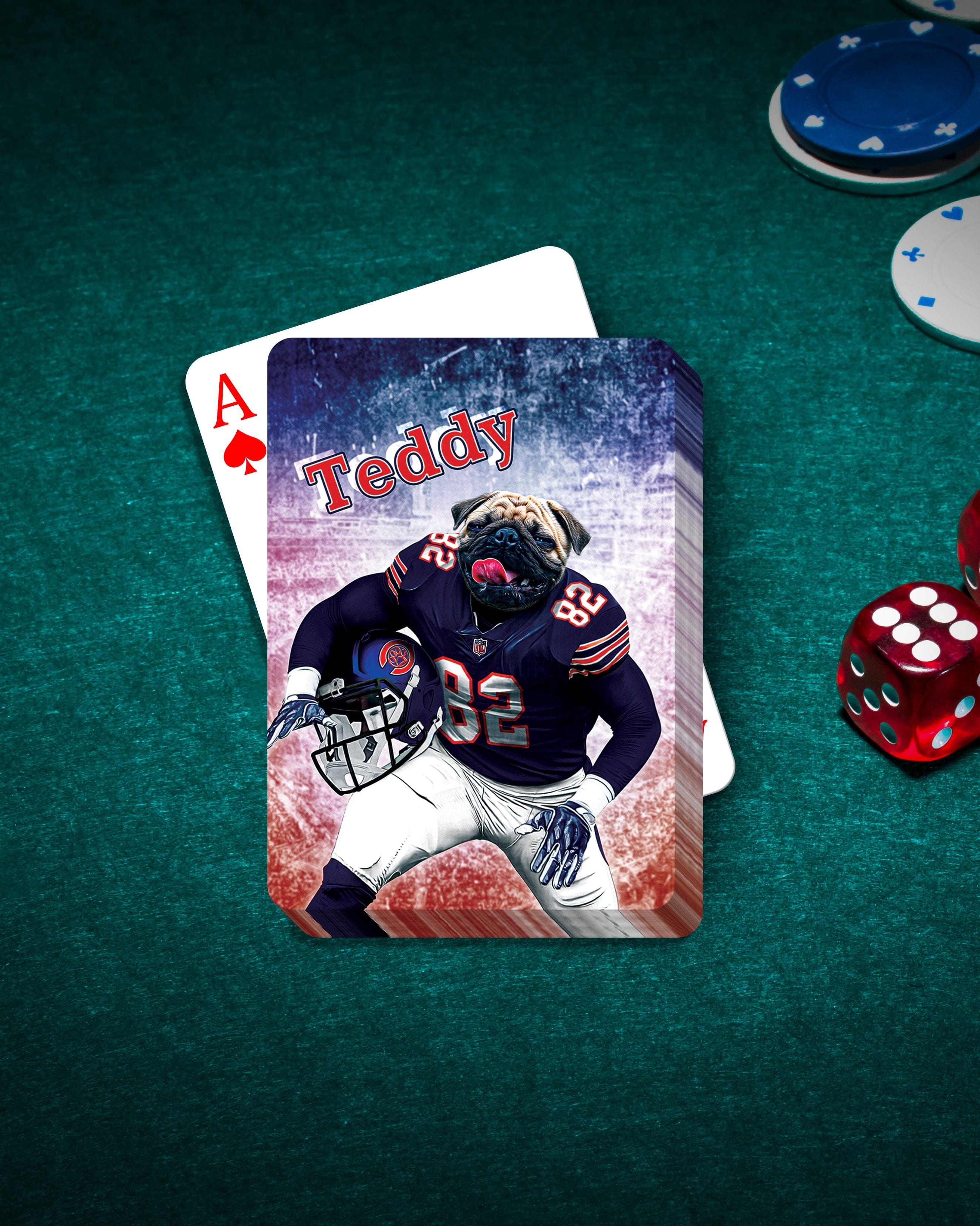 Personalized 'Chicago Doggos' playing card featuring a pug in a football uniform.