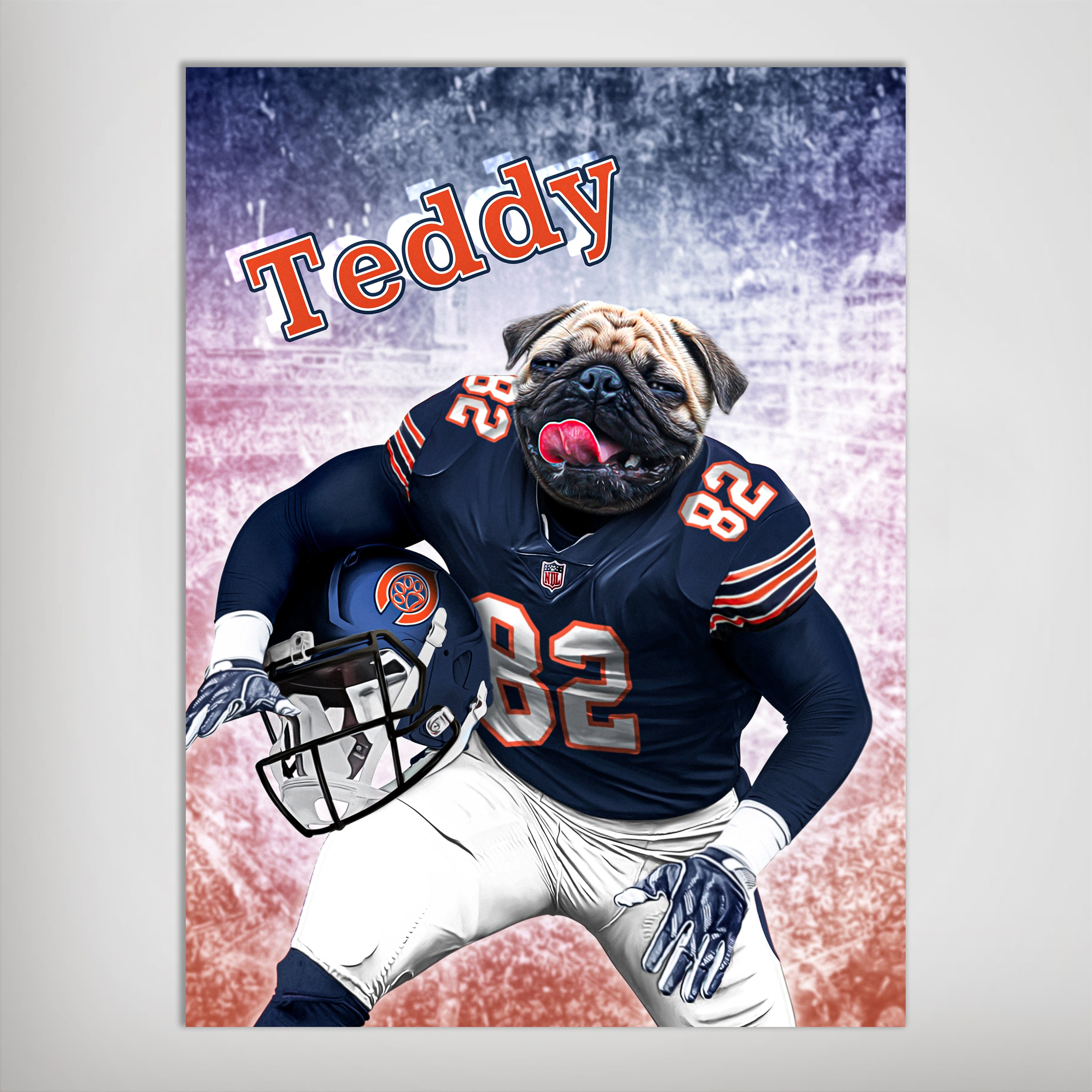 Personalized 'Chicago Doggos' poster featuring a pug in a navy football uniform, holding a helmet, with "Teddy" above.