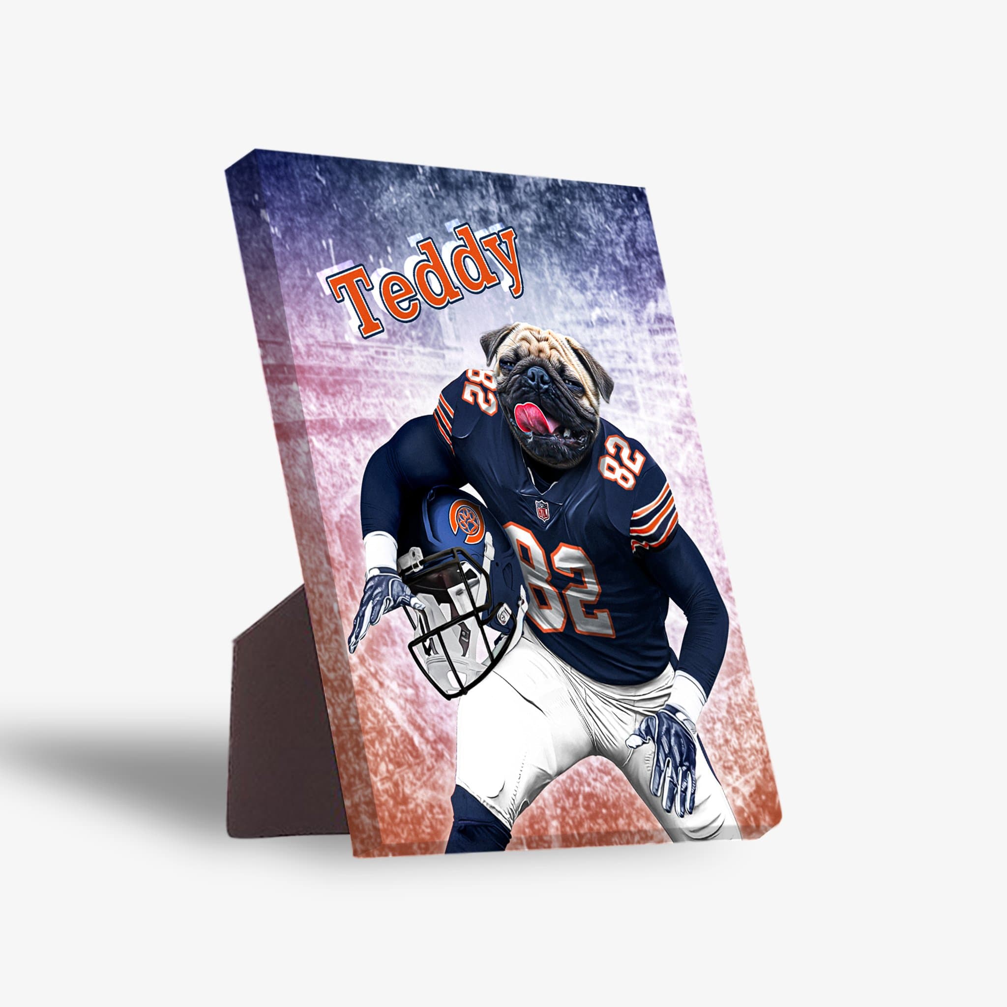 Personalized Chicago Doggos standing canvas featuring a pug in a navy football uniform with "Teddy" printed.