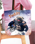 Personalized tote bag with a custom pug pet portrait in a Chicago Bears football uniform.