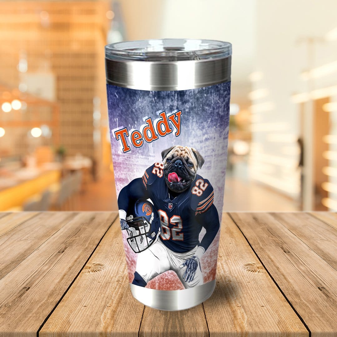Personalized stainless steel tumbler with a pug dog portrait in a Chicago Bears football uniform.