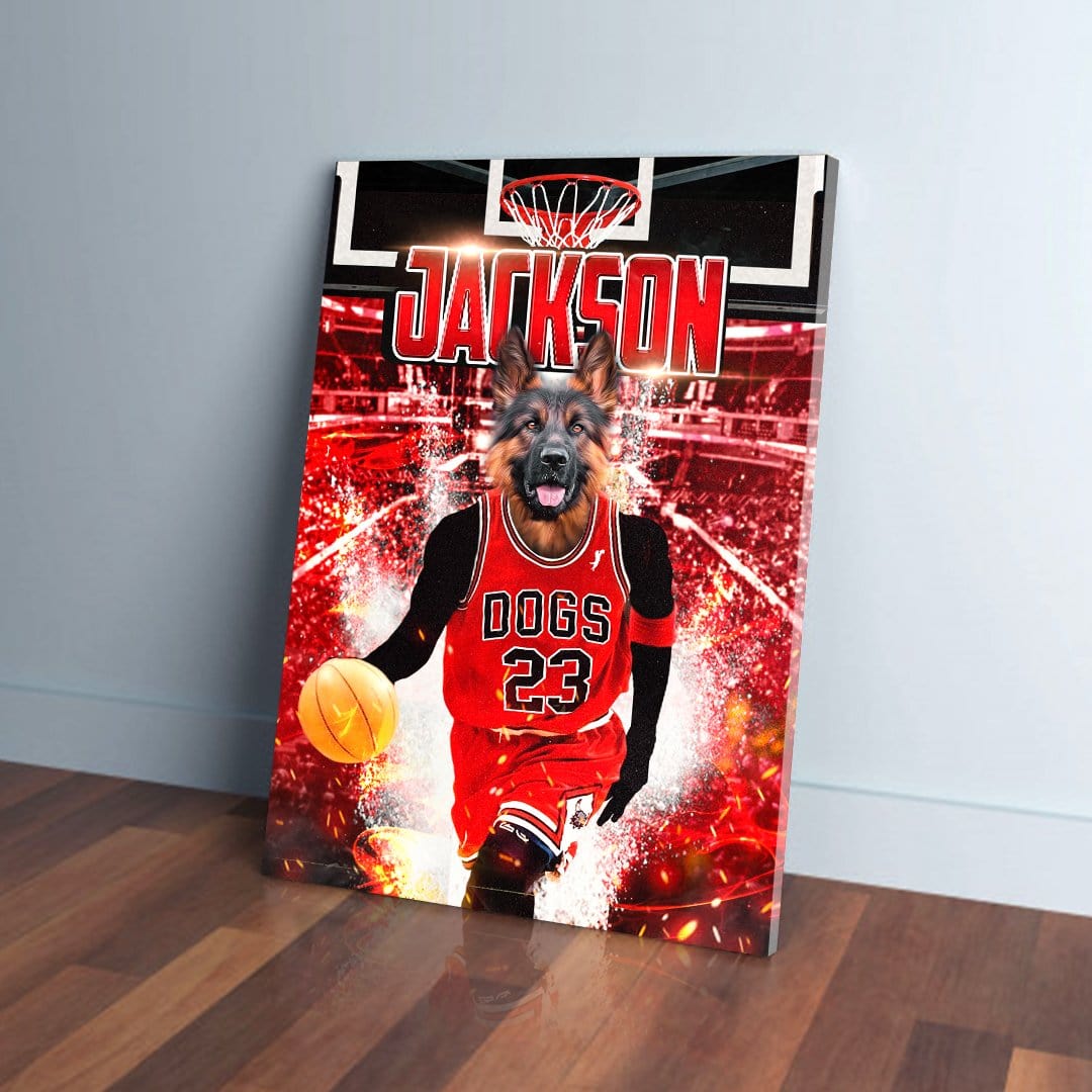Personalized pet canvas featuring a German Shepherd in a red basketball jersey with "DOGS 23" and "JACKSON.
