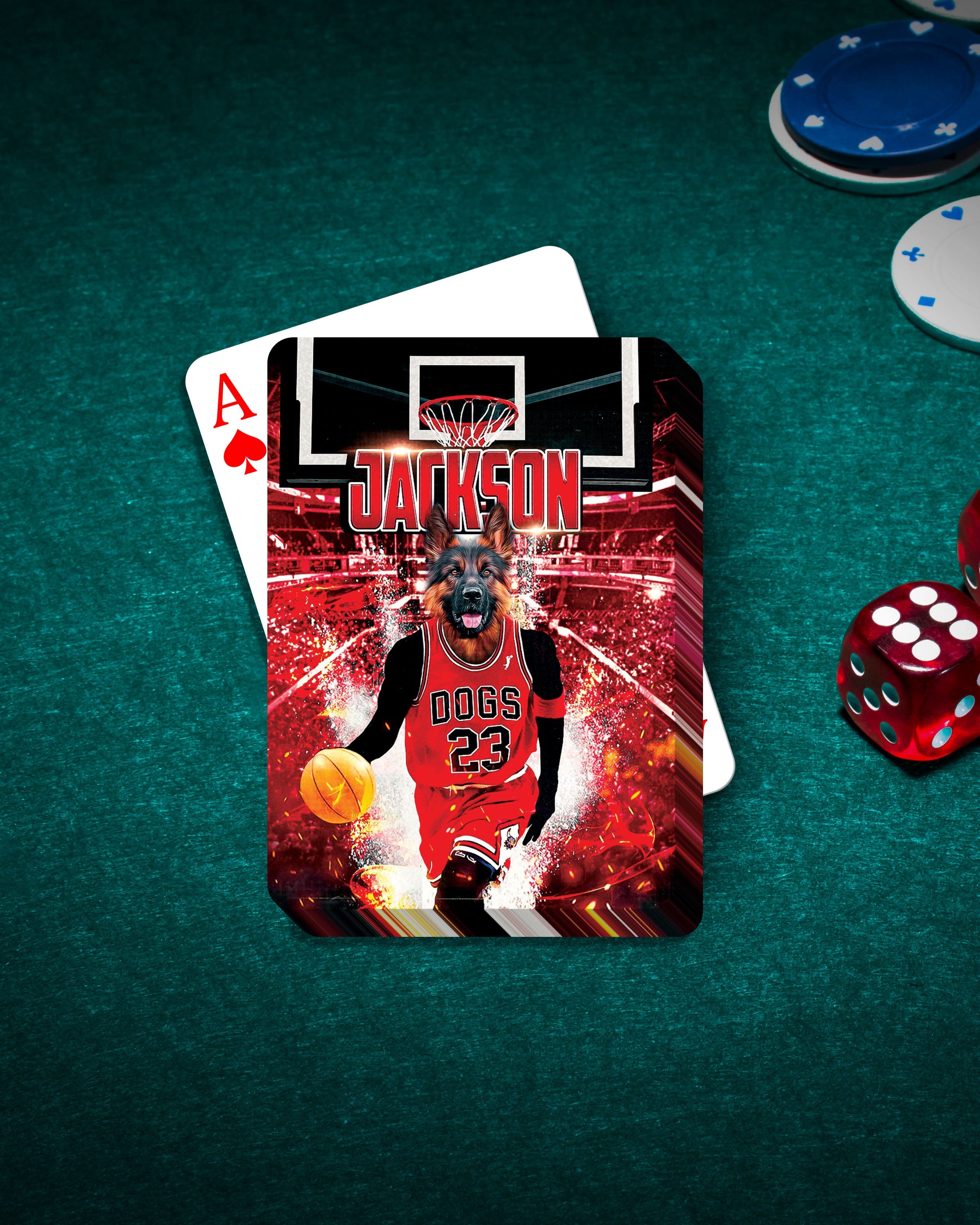 Personalized playing card featuring a German Shepherd pet portrait in a red basketball uniform.