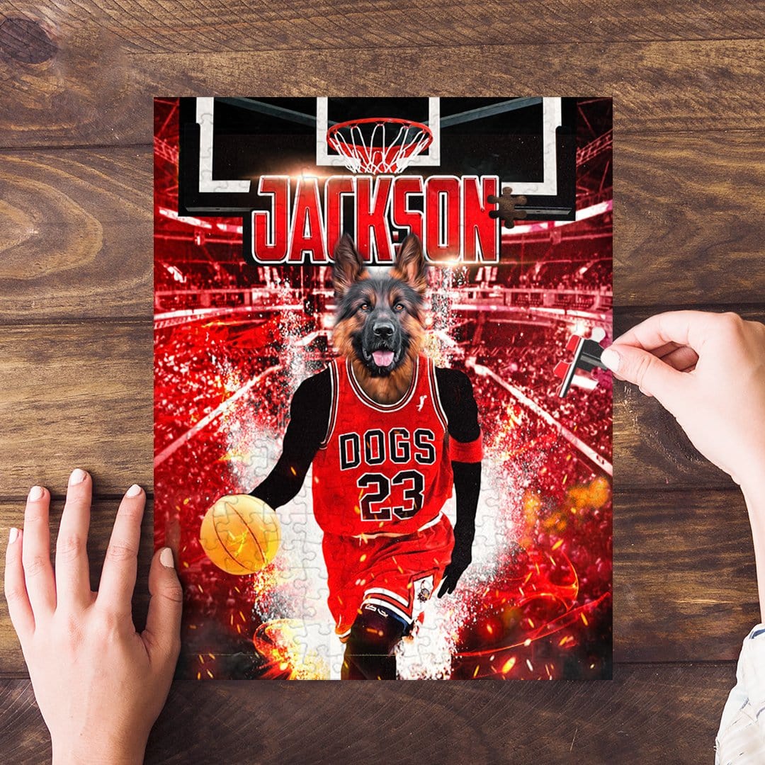 Custom personalized pet puzzle featuring a German Shepherd in a red basketball uniform on a court.