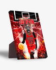 Personalized pet standing canvas featuring a German Shepherd in a red basketball jersey with "JACKSON" and "DOGS 23" on a court.