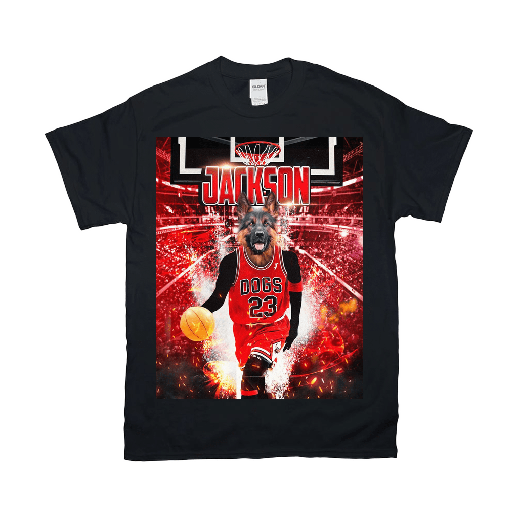Black Gildan t-shirt with a German Shepherd in a red basketball jersey, dribbling, against a red court.