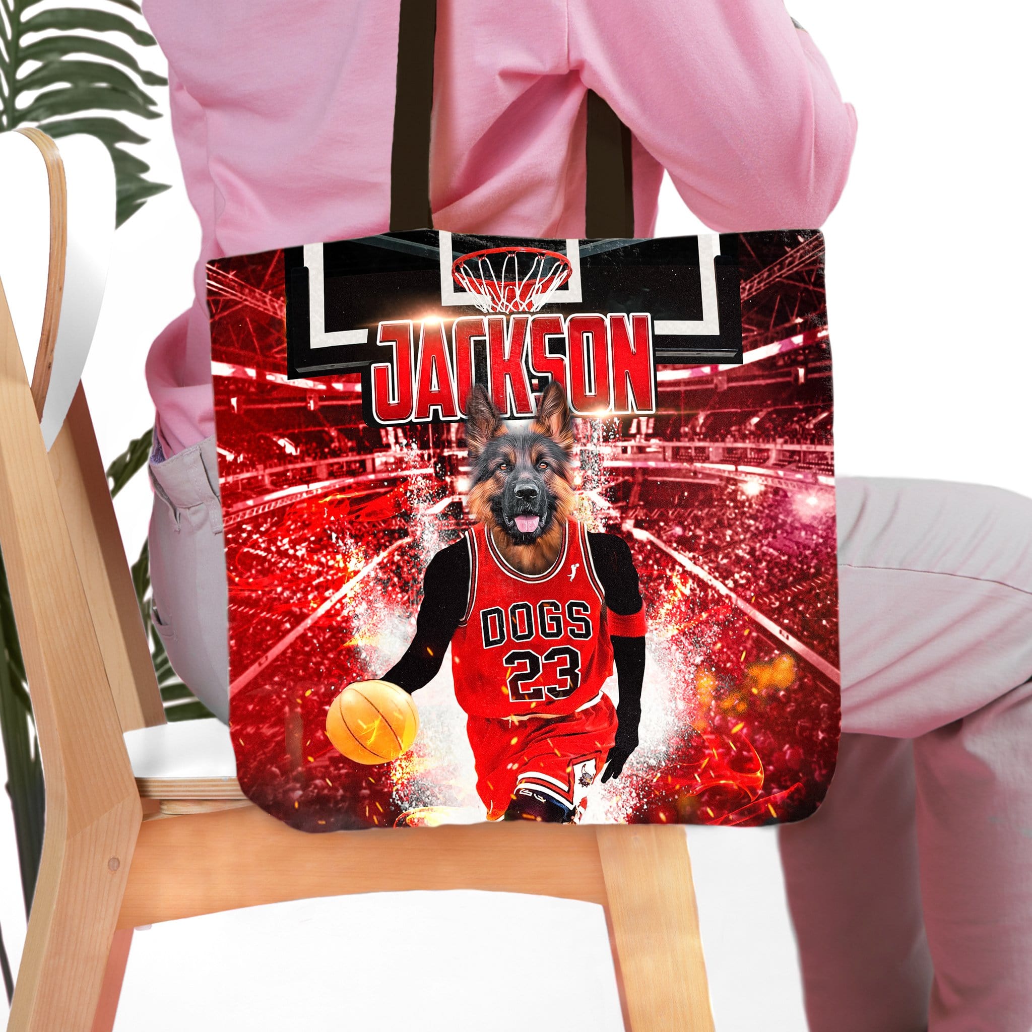 Personalized tote bag with a German Shepherd pet portrait in a red basketball jersey, dribbling a ball on a court.