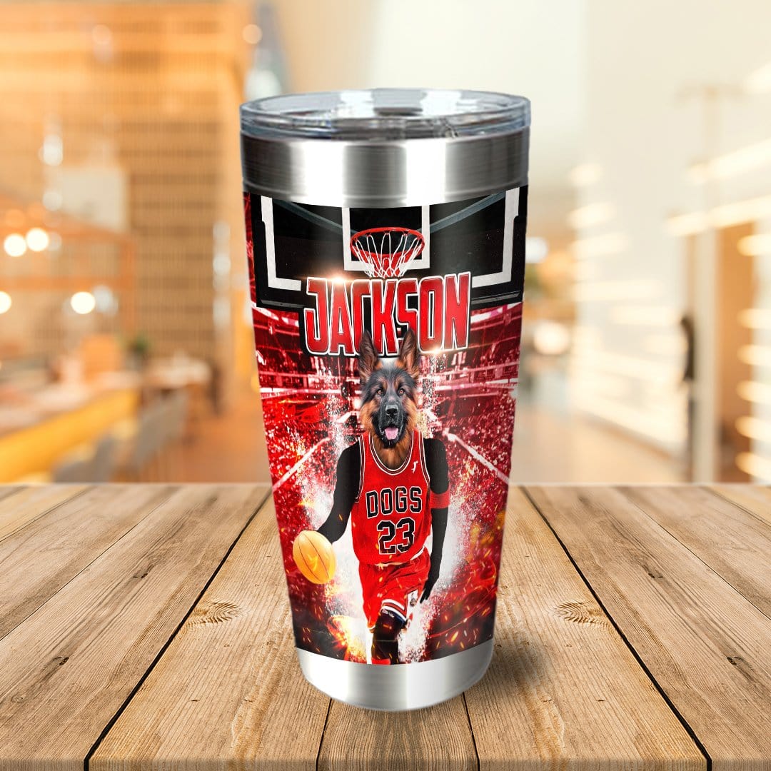 Personalized stainless steel tumbler with a German Shepherd in a red basketball uniform.
