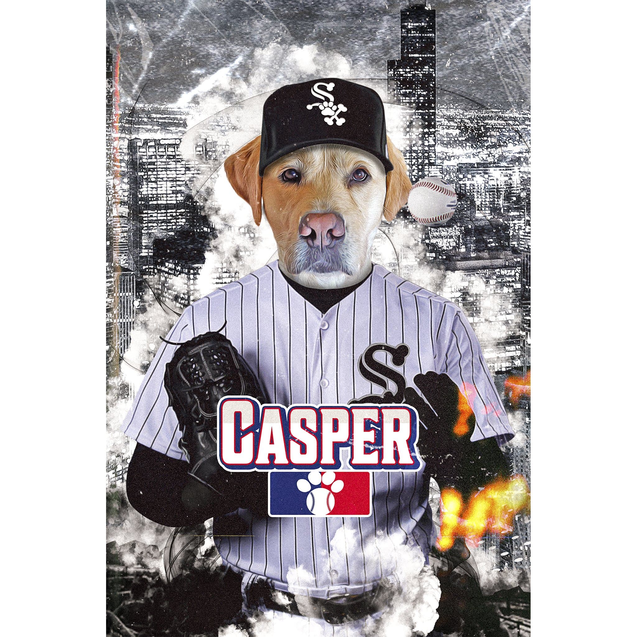 Custom Chicago White Paws digital portrait featuring a dog in a baseball uniform.