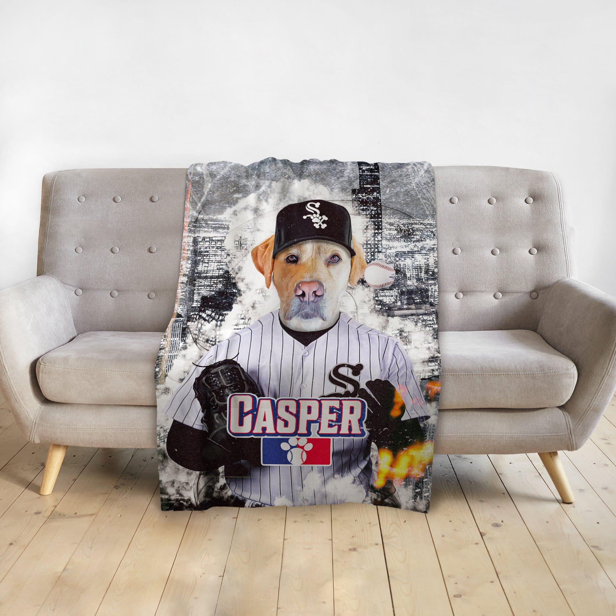 Personalized pet blanket featuring a dog in a Chicago White Sox baseball uniform with "CASPER" text.