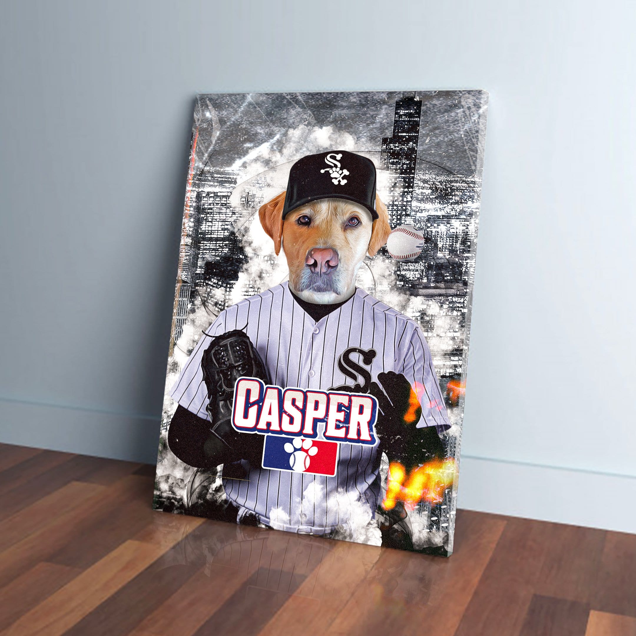 Personalized pet canvas featuring a dog in a White Sox baseball uniform with "CASPER" and Chicago skyline.