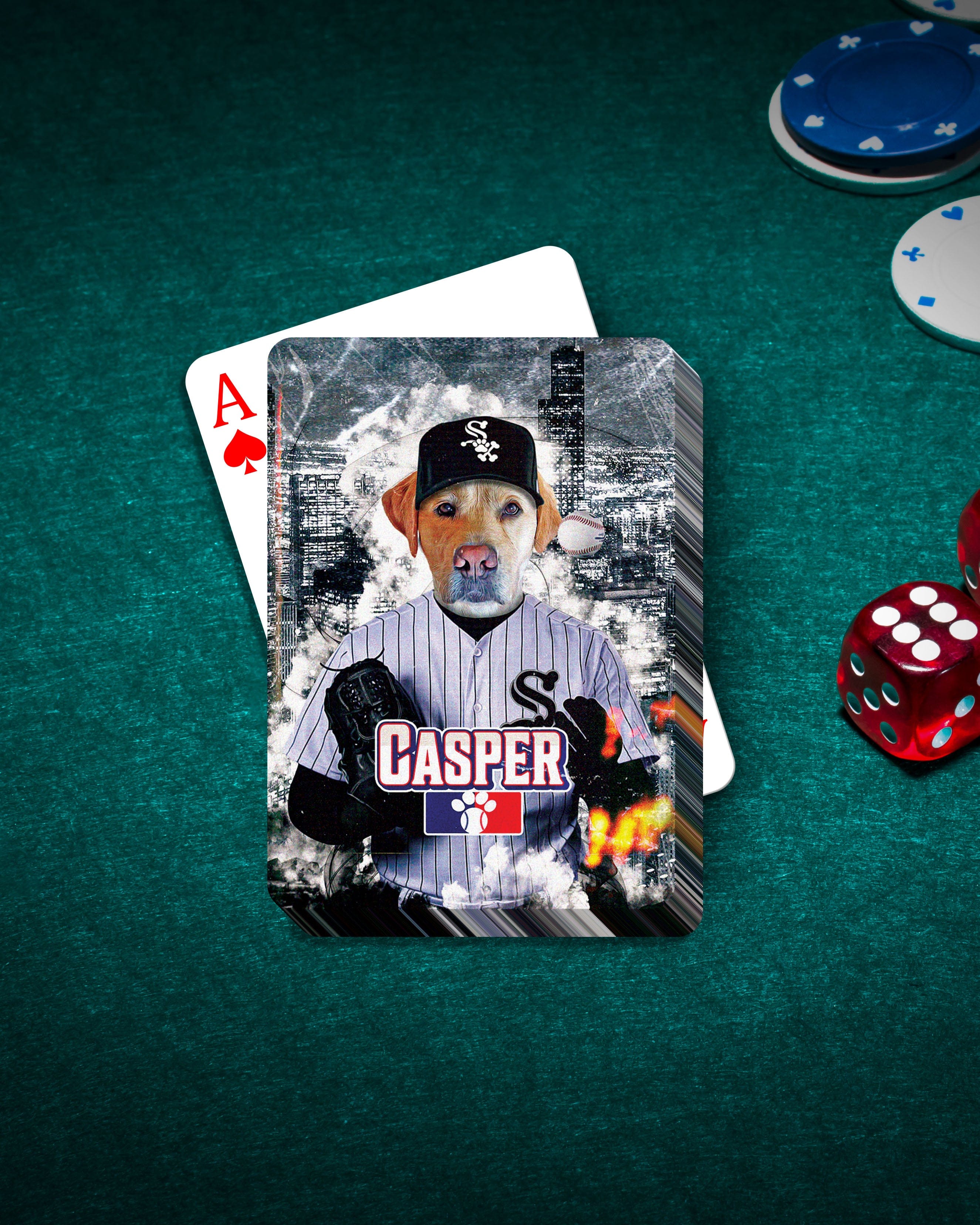 Personalized Chicago White Paws playing card featuring a custom dog portrait in a baseball uniform.