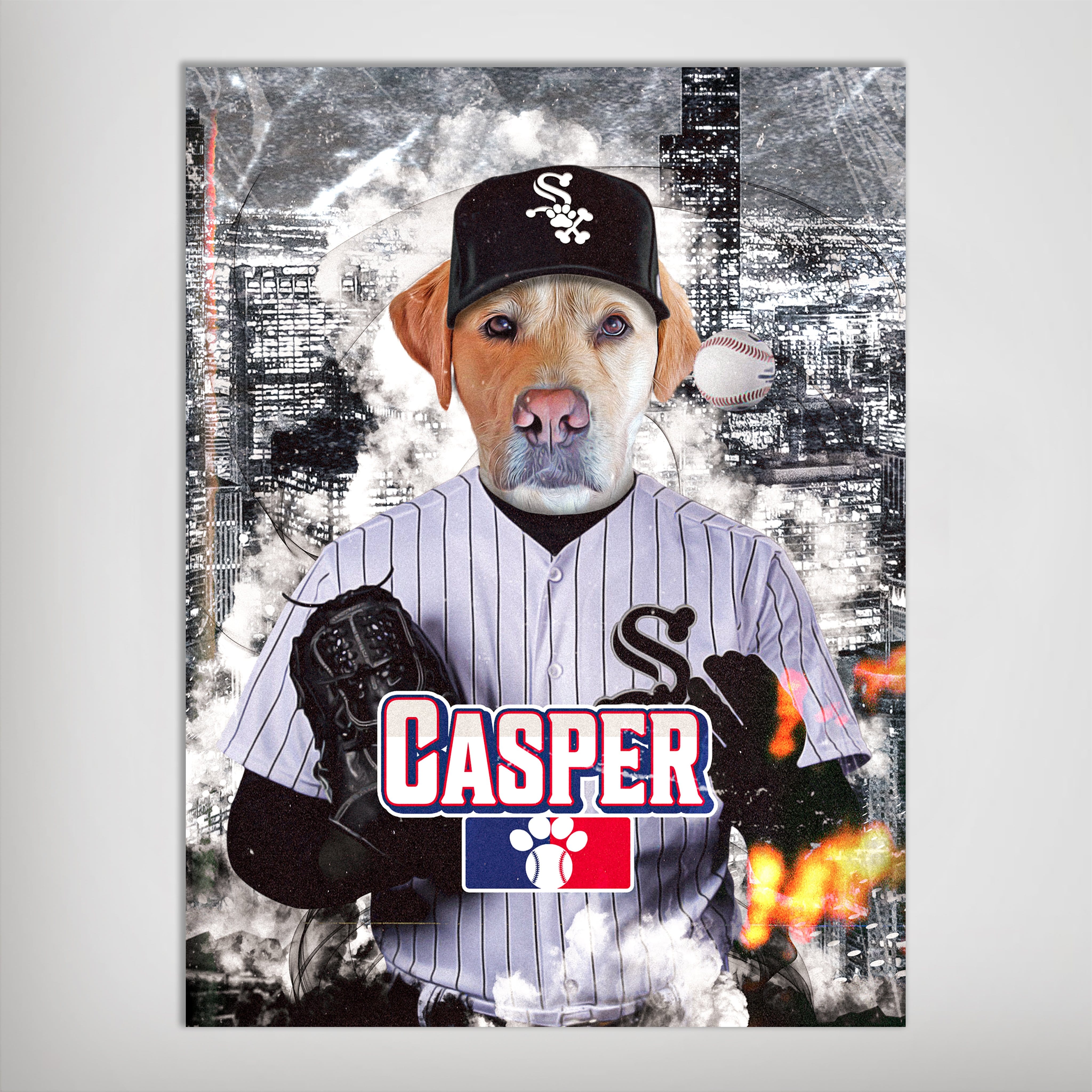 Personalized pet poster featuring a golden retriever in a Chicago White Sox baseball uniform with "CASPER" text.