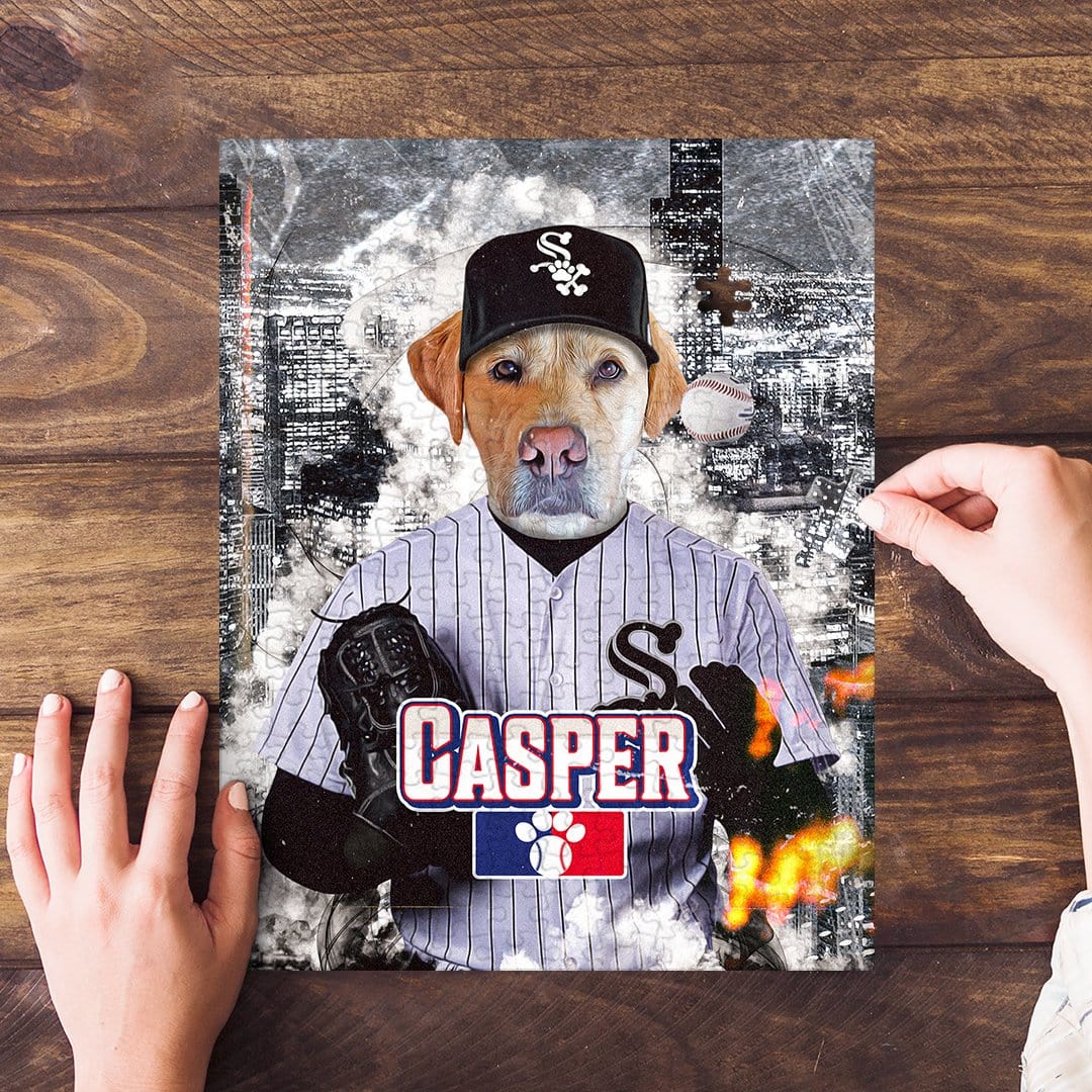 Personalized pet puzzle featuring a dog in a Chicago White Sox baseball uniform with "CASPER" on it.