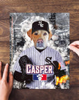 Personalized pet puzzle featuring a dog in a Chicago White Sox baseball uniform with "CASPER" on it.