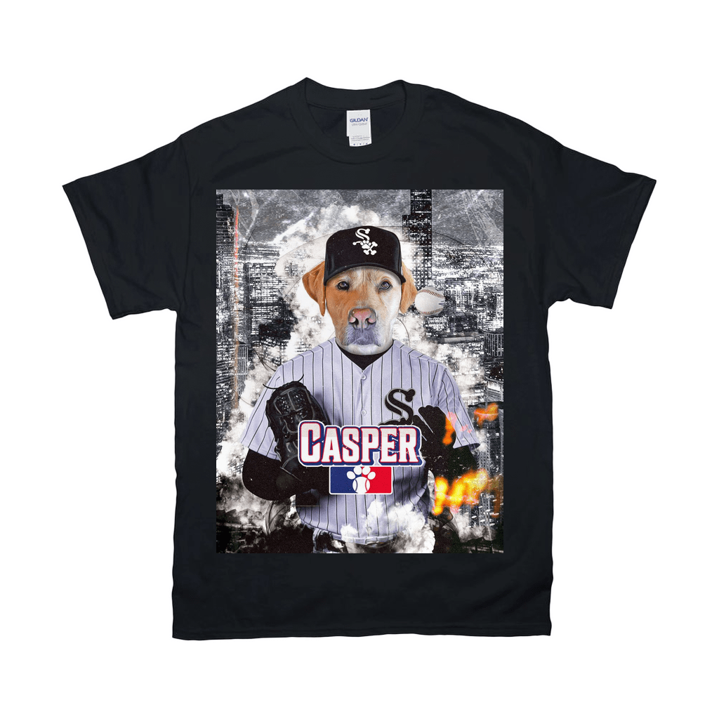 Black Gildan t-shirt featuring a personalized dog in a White Sox baseball uniform with "CASPER" and a paw print.