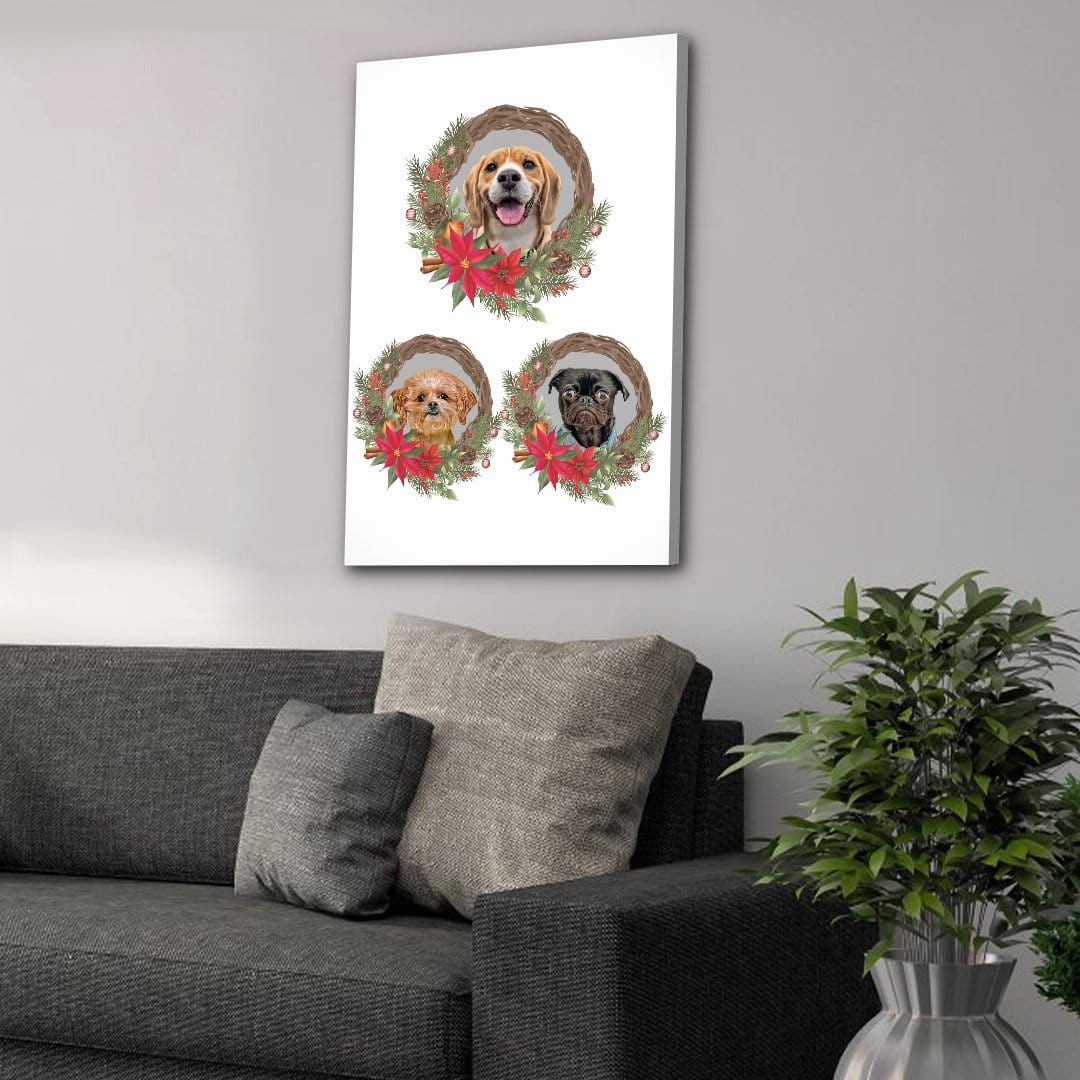 Lienzo con corona navideña personalizada para 3 mascotas