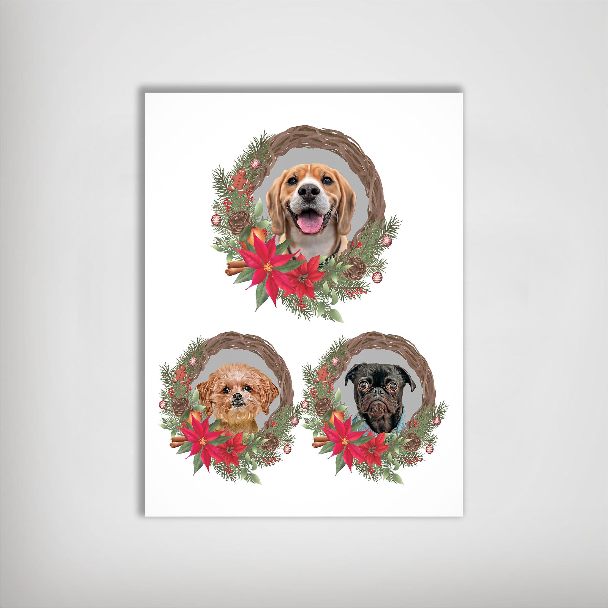 3 Pet Personalized Christmas Wreath Poster