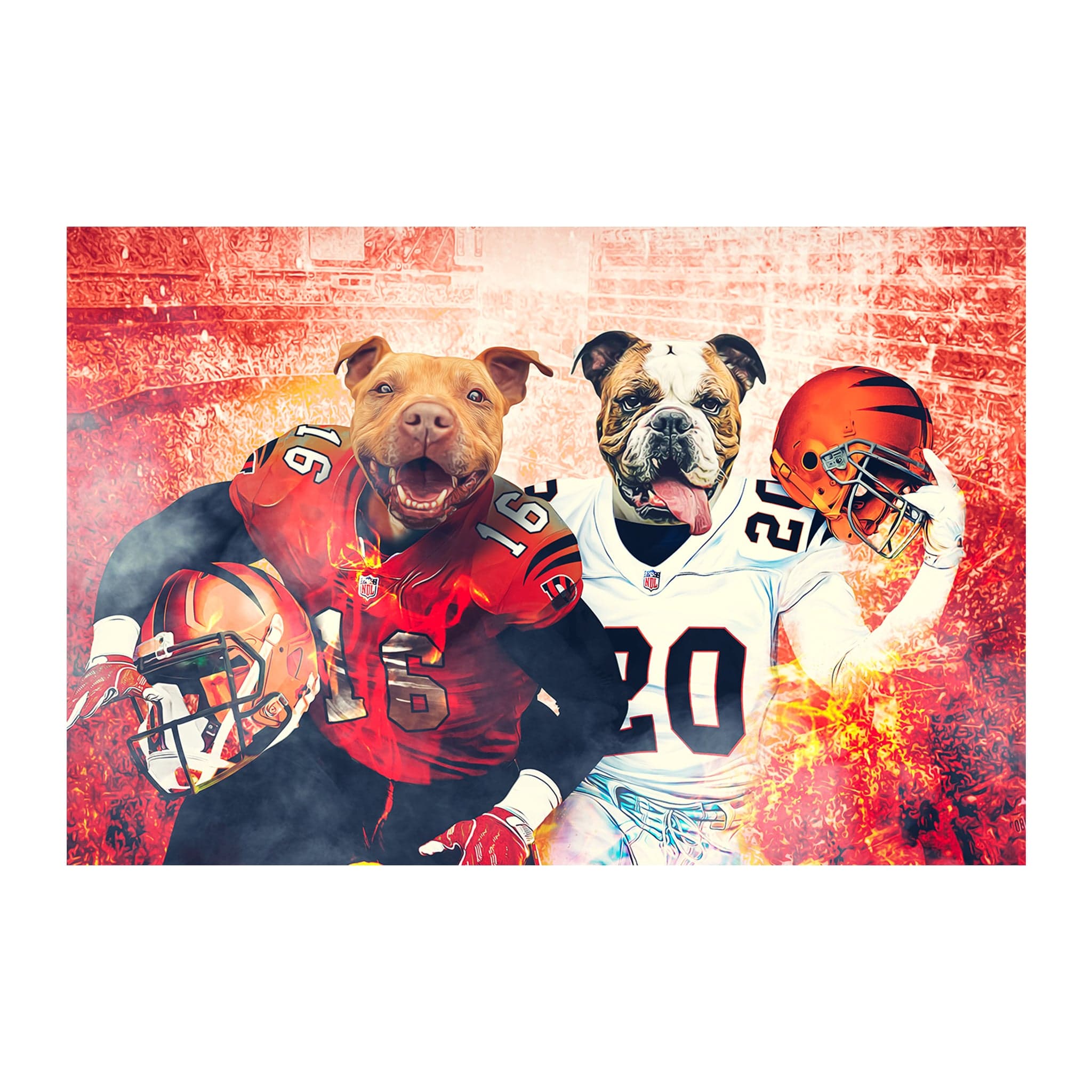 Personalized digital portrait of two dogs as football players in red and white jerseys.