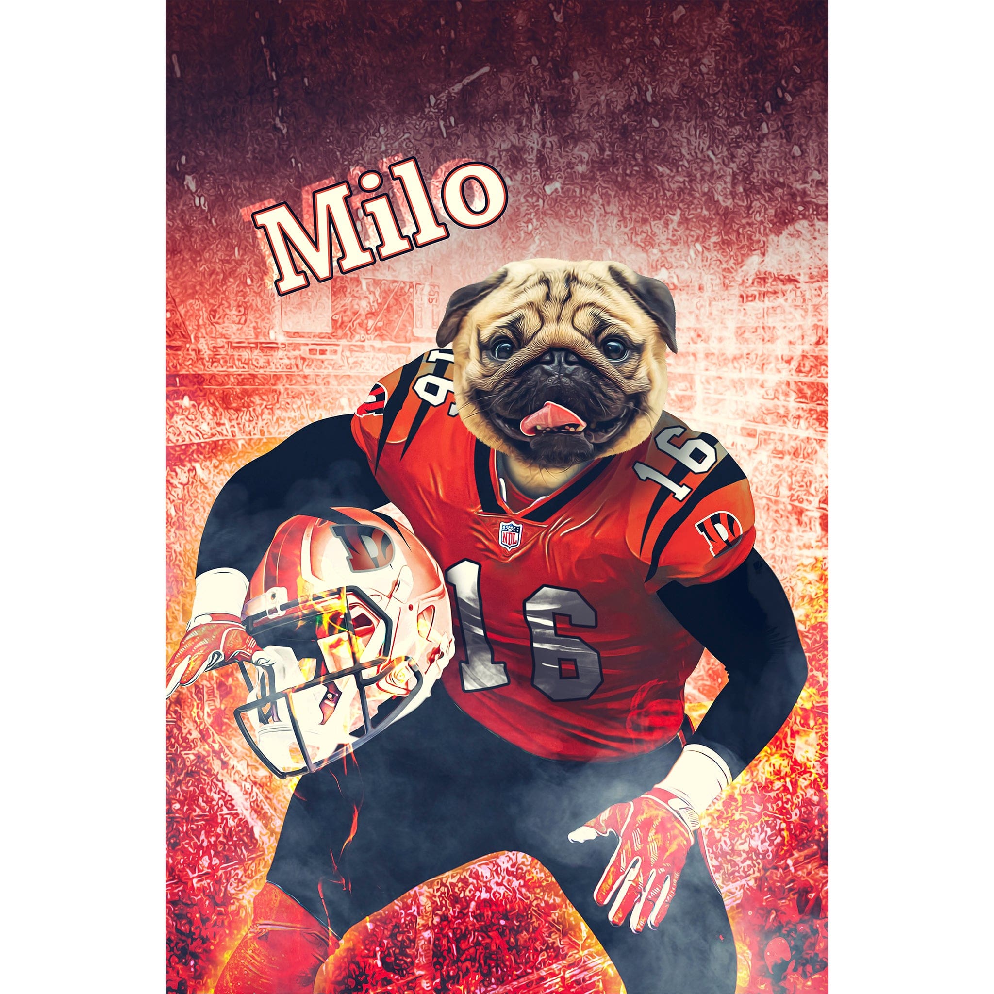 Personalized digital portrait of a pug dog in a red football uniform with "Milo" above.