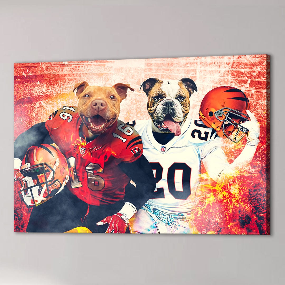 Custom canvas featuring two dogs in football uniforms, a pit bull in red and a bulldog in white.