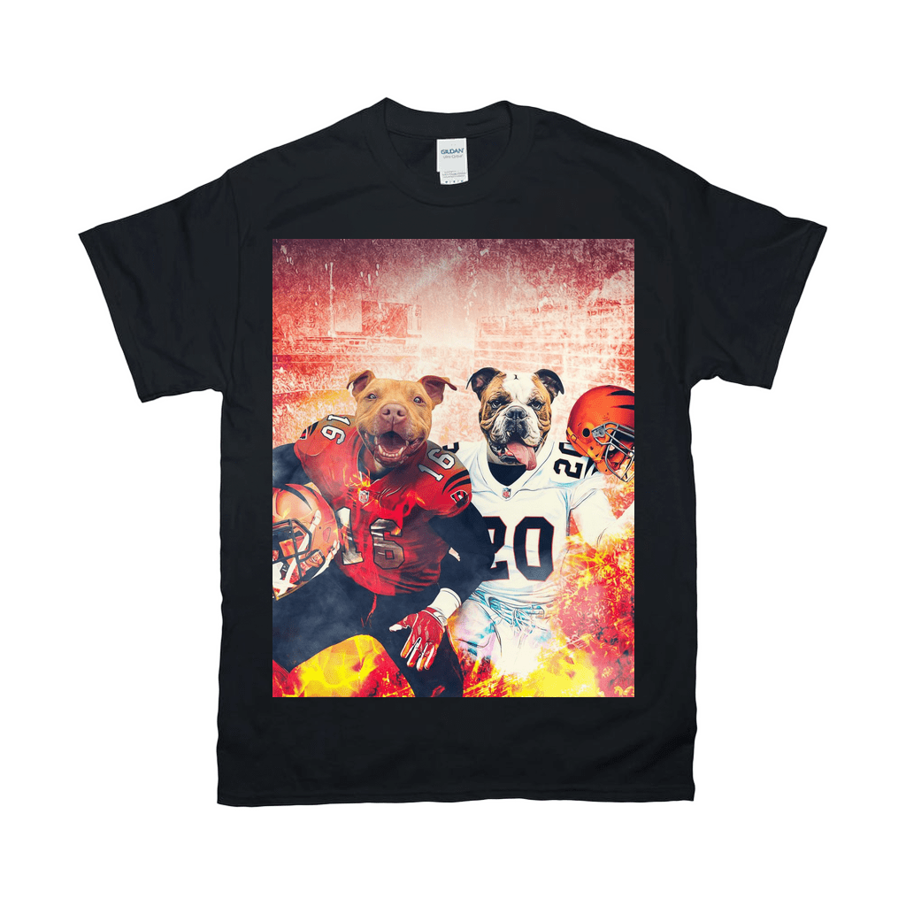 Black Gildan t-shirt featuring two dogs in football jerseys, one red and one white, with helmets and fiery background.