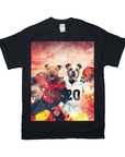 Black Gildan t-shirt featuring two dogs in football jerseys, one red and one white, with helmets and fiery background.