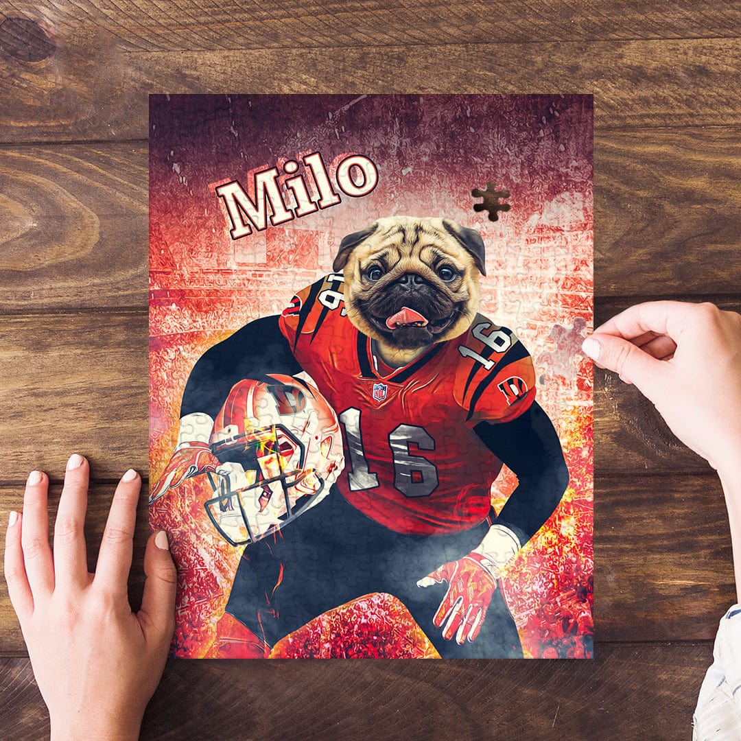 Personalized pet puzzle featuring a pug in a red football uniform, named "Milo," on a wooden table.